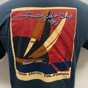 Vintage 90s Americas Cup T Shirt 1995 San Diego Mens L Graphic Tee Blue Made USA